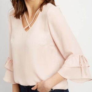 Maurice's Girly Dressy Office Size 1X Sheer Pink Ruffle Bell Sleeve Blouse